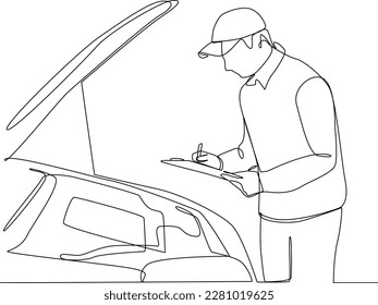 Continuous one-line drawing man is checking machine health. Auto service concept. Single line drawing design graphic vector illustration