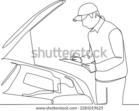 Continuous one-line drawing man is checking machine health. Auto service concept. Single line drawing design graphic vector illustration