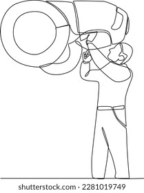 Continuous one-line drawing man checks and repairs car brakes. Auto service concept. Single line drawing design graphic vector illustration