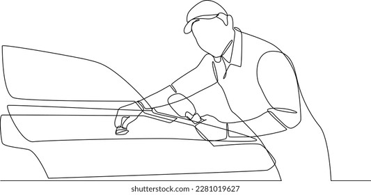 Continuous one-line drawing man cleaning car engine. Auto service concept. Single line drawing design graphic vector illustration