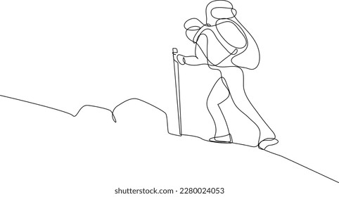 Continuous one-line drawing of a man climbing the mountain alone. Experiential in traveler concept. Single line drawing design graphic vector illustration