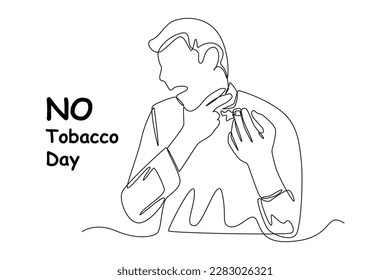 Dibujo continuo en una línea de un hombre que tiene dolor de garganta cuando fuma. Ningún concepto del día del tabaco diseño de líneas simples ilustración vectorial