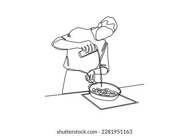 Continuous one-line drawing a man pouring water into the pan. Kitchen activity concept. Single line drawing design graphic vector illustration