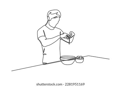 Continuous one-line drawing a man puts eggs into a bowl. Kitchen activity concept. Single line drawing design graphic vector illustration