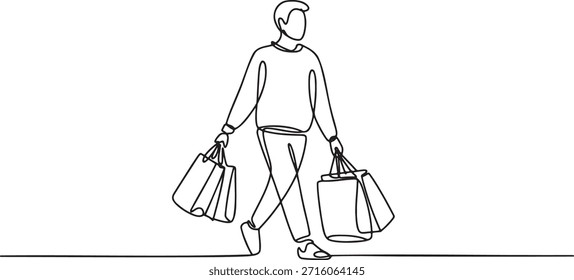 Continuous one-line drawing of a man walking with shopping bags. Single line art drawing of a person after shopping spree. Minimalist vector illustration of consumerism, retail, and sales. Outline sketch of shopper with purchases. Graphic of male figure with bags.