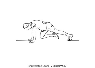 Dibujo continuo de una línea de un hombre con camiseta deportiva haciendo escalador de montaña. El concepto de actividades de fitness. Ilustración vectorial de diseño de líneas simples