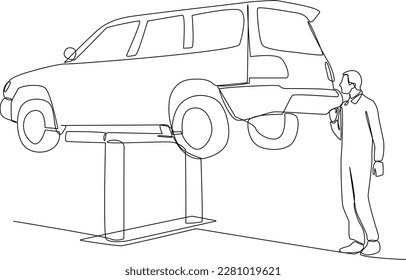 Continuous one-line drawing of mechanical does whole car servicing. Auto service concept. Single line drawing design graphic vector illustration