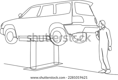 Continuous one-line drawing of mechanical does whole car servicing. Auto service concept. Single line drawing design graphic vector illustration