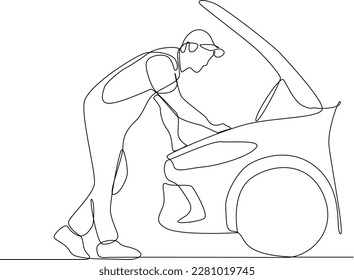 Dibujo continuo en una línea del motor de reparación mecánica de automóviles. Concepto de servicio automático. Ilustración vectorial de diseño de líneas simples