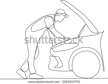 Continuous one-line drawing of mechanical repairing car engine. Auto service concept. Single line drawing design graphic vector illustration