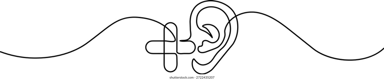 Desenho contínuo de uma linha de um ícone de ouvido médico com uma cruz. Símbolo minimalista para audiologia e saúde do ouvido. Simples arte da linha preta no branco.