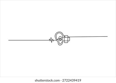 Desenho contínuo de uma linha de um ícone de ouvido médico com uma cruz. Símbolo minimalista para audiologia e saúde do ouvido. Simples arte de linha preta sobre um fundo branco.