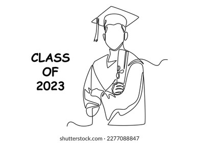 Continuous one-line drawing of men wearing graduation attire. Class of 2023 concept single line draws design graphic vector illustration