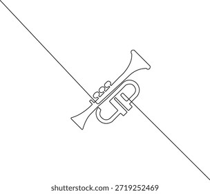 Dibujo continuo de una línea de un icono de trompeta mínimo. Vector de contorno negro elegante de un instrumento de latón para jazz, música y temas de orquesta.