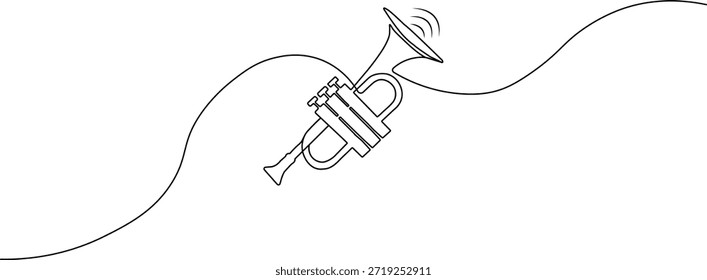 Dibujo continuo de una línea de un icono de trompeta mínimo. Vector de contorno negro elegante de un instrumento de latón para jazz, música y temas de orquesta.