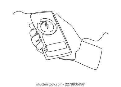 Continuous one-line drawing monitors electric car charger via smartphone. Electric car concept single line draws design graphic vector illustration