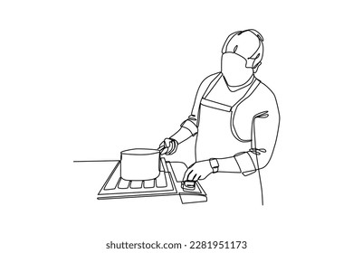 Continuous one-line drawing mother turned on the stove. Kitchen activity concept. Single line drawing design graphic vector illustration