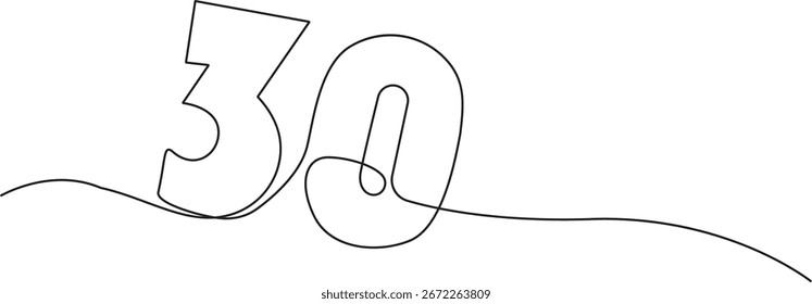 A continuous one-line drawing of the number 30 in a minimalist black and white style. The single, unbroken line forms the digits and extends outward on a clean white background.