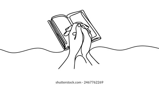 Continuous one-line drawing of an open Bible and two hands clasped together in a prayer position