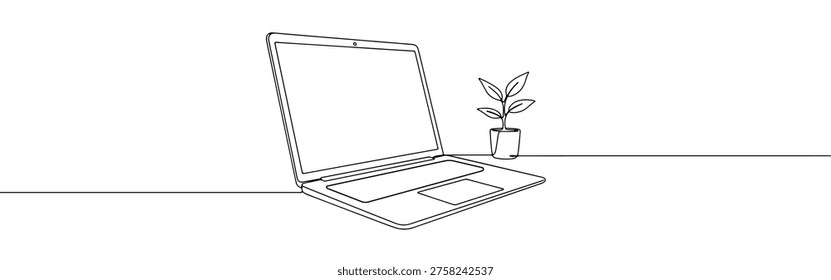 Continuous one-line drawing of an open laptop next to a potted plant, symbolizing sustainable technology, growth, and work-life balance in a minimalist style.