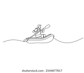 continuous one-line drawing of a person paddling a small inflatable boat. The minimalist design in outdoor adventure sport