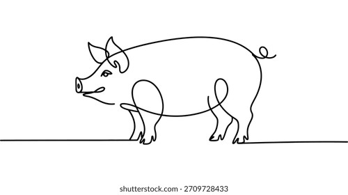 "Minimale durchgehende einzeilige Zeichnung eines auf dem Boden stehenden Schweins, einfache Umrisse von Nutztieren als Symbol für Landwirtschaft, Viehzucht, Natur, Einfachheit und modernes künstlerisches Design für kreative Illustrationen