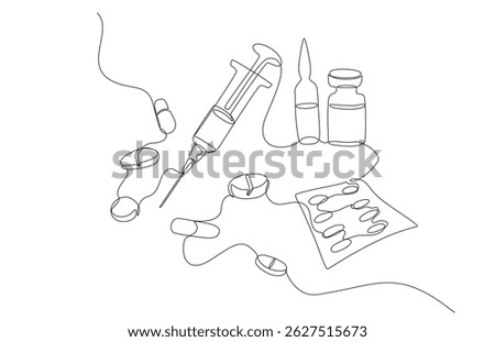 Continuous one-line drawing of pills, syringe, vials, and blister pack, representing healthcare and pharmaceutical concepts in a minimalist style. Vector Editable stroke