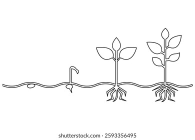 Continuous one-line drawing of plant growth stages and illustration of agriculture logos in pro vector format
