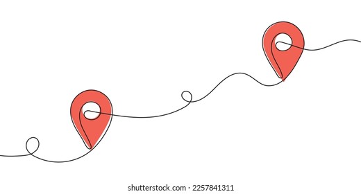 Continuous one-line drawing of red location markers on the map. Map pin with route drawn one line. Vector illustration