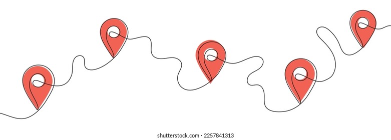 Continuous one-line drawing of red location markers on the map. Map pin with route drawn one line. Vector illustration