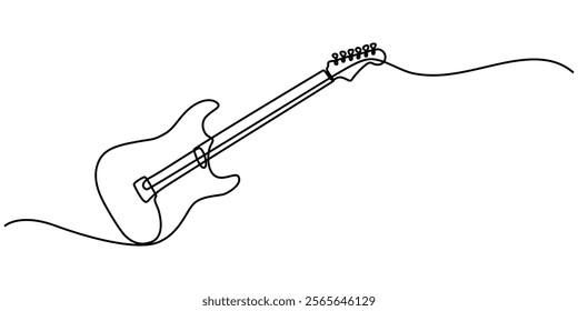 The continuous one-line drawing represents a guitar music instrument. The illustration is simple and modern, One continuous single line of classic guitar isolated on white background, sketch drawing. 