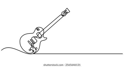 The continuous one-line drawing represents a guitar music instrument. The illustration is simple and modern, One continuous single line of classic guitar isolated on white background, sketch drawing. 