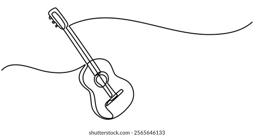 The continuous one-line drawing represents a guitar music instrument. The illustration is simple and modern, One continuous single line of classic guitar isolated on white background, sketch drawing. 