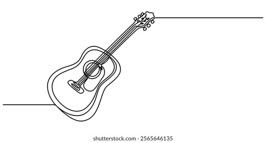 The continuous one-line drawing represents a guitar music instrument. The illustration is simple and modern, One continuous single line of classic guitar isolated on white background, sketch drawing. 