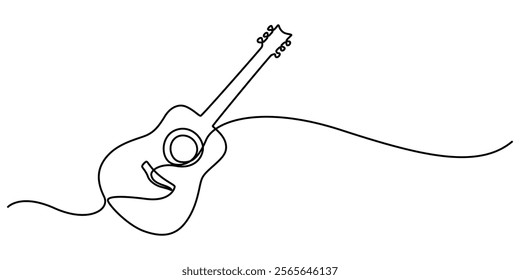 The continuous one-line drawing represents a guitar music instrument. The illustration is simple and modern, One continuous single line of classic guitar isolated on white background, sketch drawing. 