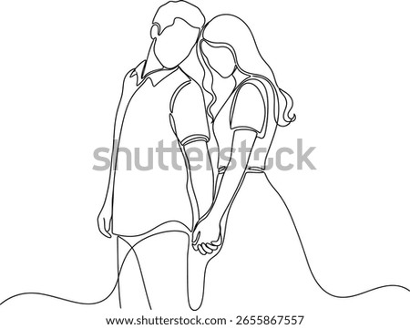 Continuous one-line drawing of a romantic couple holding hands. Abstract minimalist vector illustration of a man and woman in love, symbolizing relationship and togetherness.