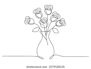 Continuous One-Line Drawing of Roses in a Vase - Minimalist Floral Art