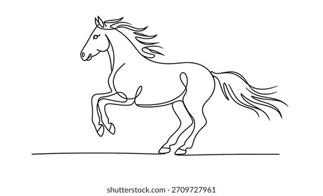“Dibujo continuo mínimo de una línea de un caballo corriendo con melena que fluye, bosquejo de contorno elegante que simboliza la libertad, el poder, el movimiento, la naturaleza y el diseño artístico para ilustraciones modernas y creativas 