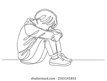 Continuous One-Line Drawing of a Sad Child - Minimalist Emotional Art