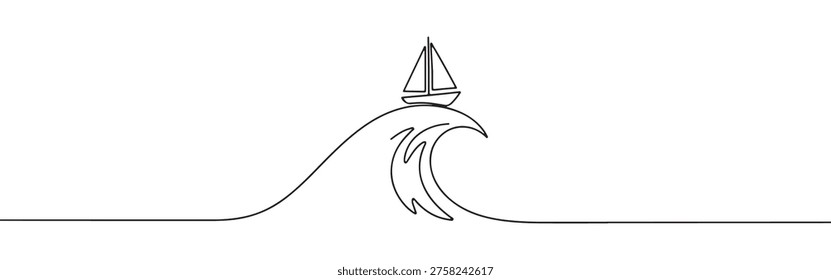 Continuous one-line drawing of a sailboat riding a wave, symbolizing adventure, freedom, and overcoming challenges in a minimalist marine style.