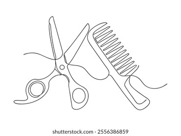 Continuous One-Line Drawing of Scissor and Comb - Minimalist Hairstyling Tools Art