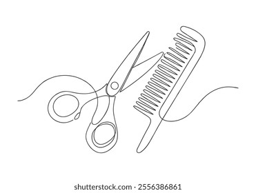 Continuous One-Line Drawing of Scissor and Comb - Minimalist Hairstyling Tools Art