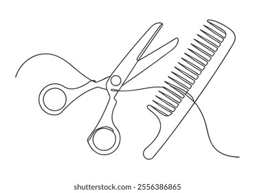 Continuous One-Line Drawing of Scissor and Comb - Minimalist Hairstyling Tools Art