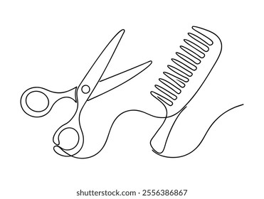 Continuous One-Line Drawing of Scissor and Comb - Minimalist Hairstyling Tools Art