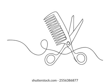 Continuous One-Line Drawing of Scissor and Comb - Minimalist Hairstyling Tools Art