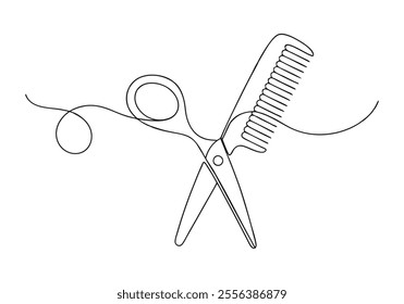 Continuous One-Line Drawing of Scissor and Comb - Minimalist Hairstyling Tools Art