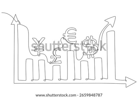 Continuous one-line drawing showing global currency symbols integrated into a fluctuating bar chart, symbolizing international financial market trends. Vector illustration, Editable stroke