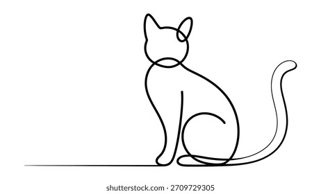 “Minimal continuous one-line drawing of a sitting cat with elegant curved outline, simple modern illustration symbolizing pets, animals, grace, simplicity, and creative artistic design for contemporar