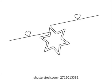 Continuous one-line drawing of a star and hearts