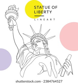 Continuous one-line drawing of the Statue of Liberty artistic line art banner background. Minimalist contour illustration design.